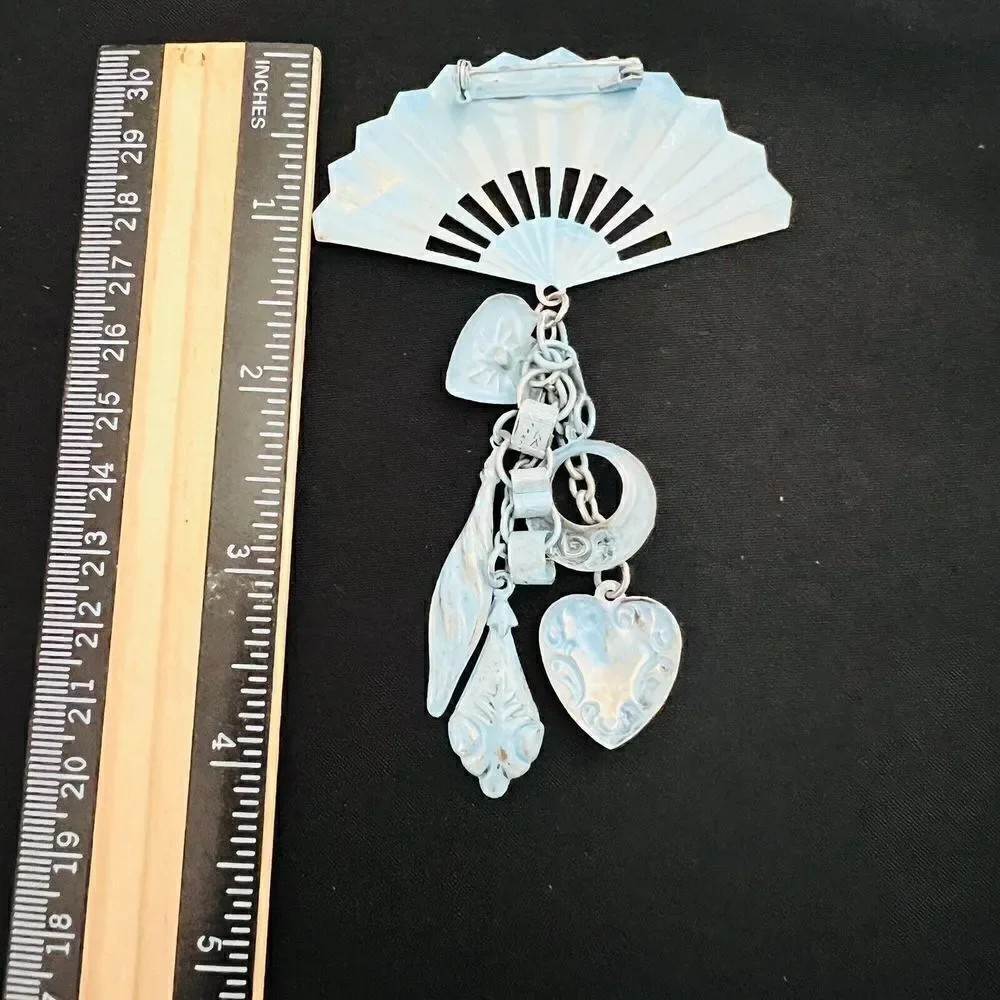 Vintage Enamel Steampunk Whimsical Fan Heart Dangle Chain Brooch Unique 4264